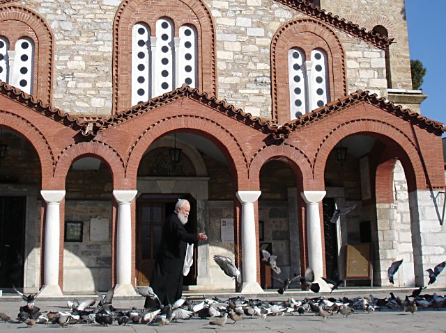 Papoulis feeding the pigeons