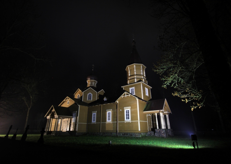 Orthodox church in Nowa Wola by night 