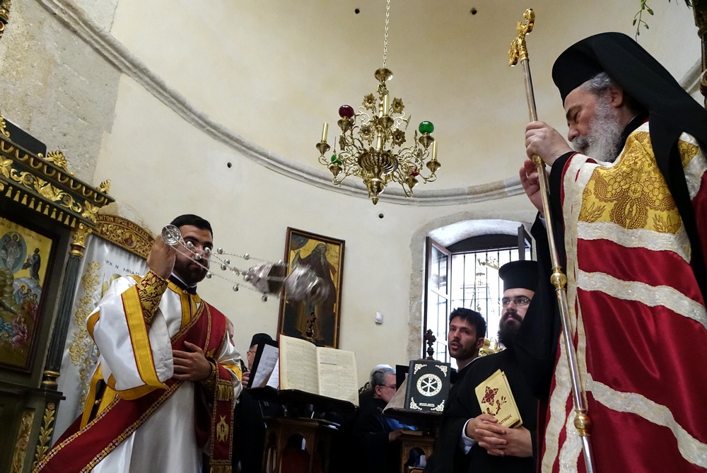 Holy and Great Council of Orthodox Church. Jerusalem patriarch serving Divine Liturgy