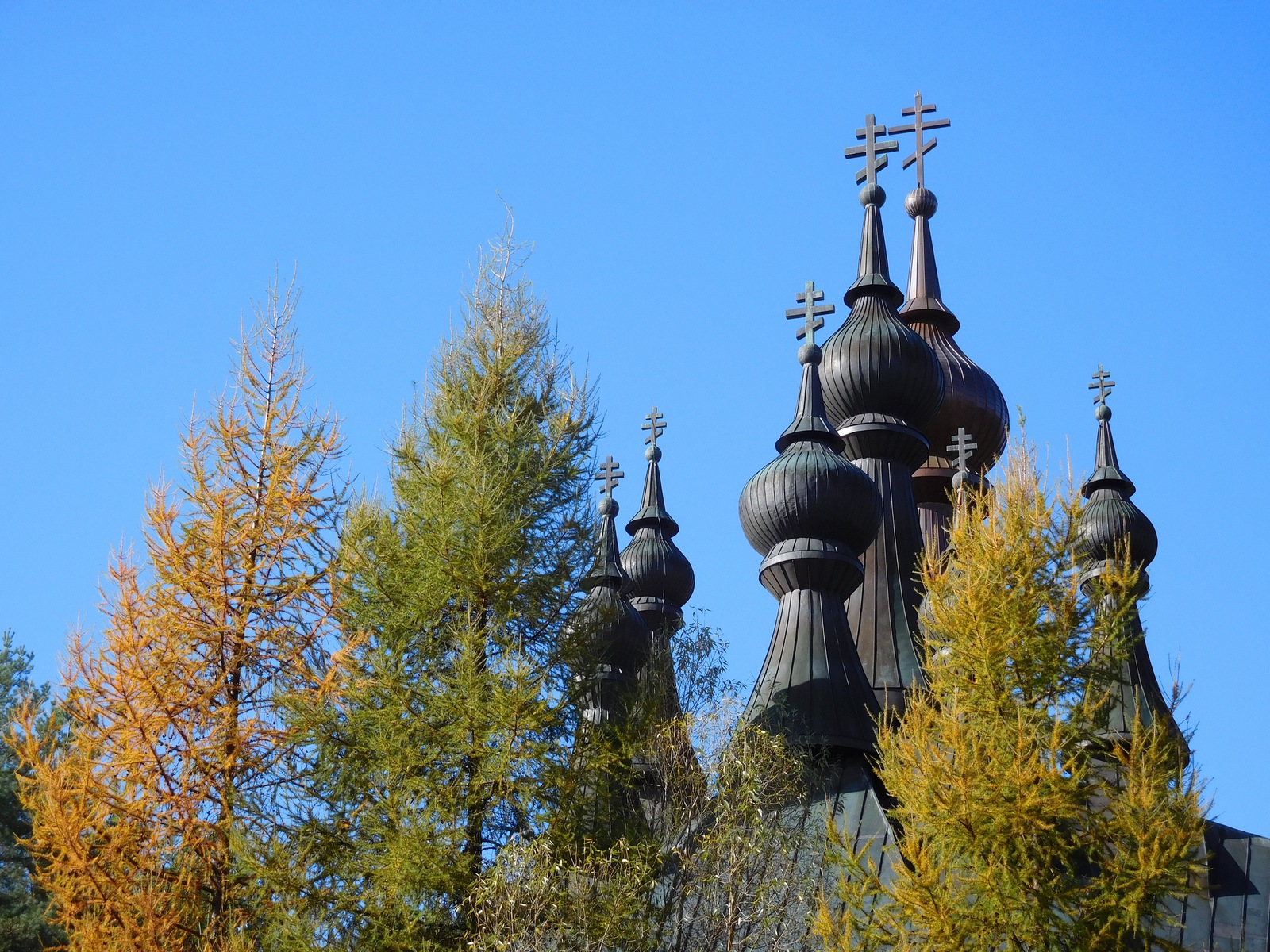 The autumn in Polish mountains. The Orthodox church in Krynica-Zdrój 