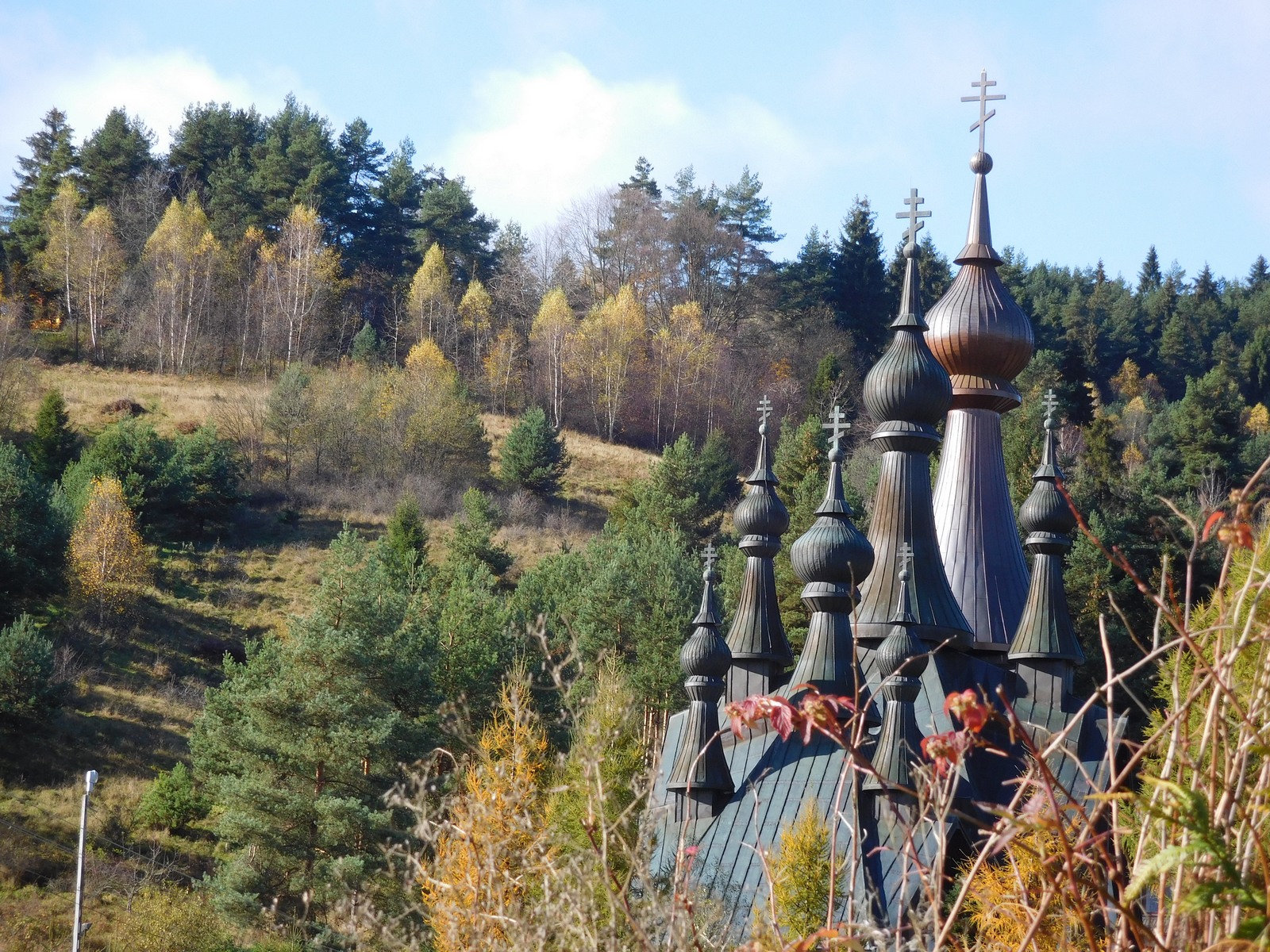 The autumn in Polish mountains. The Orthodox church in Krynica-Zdrój 