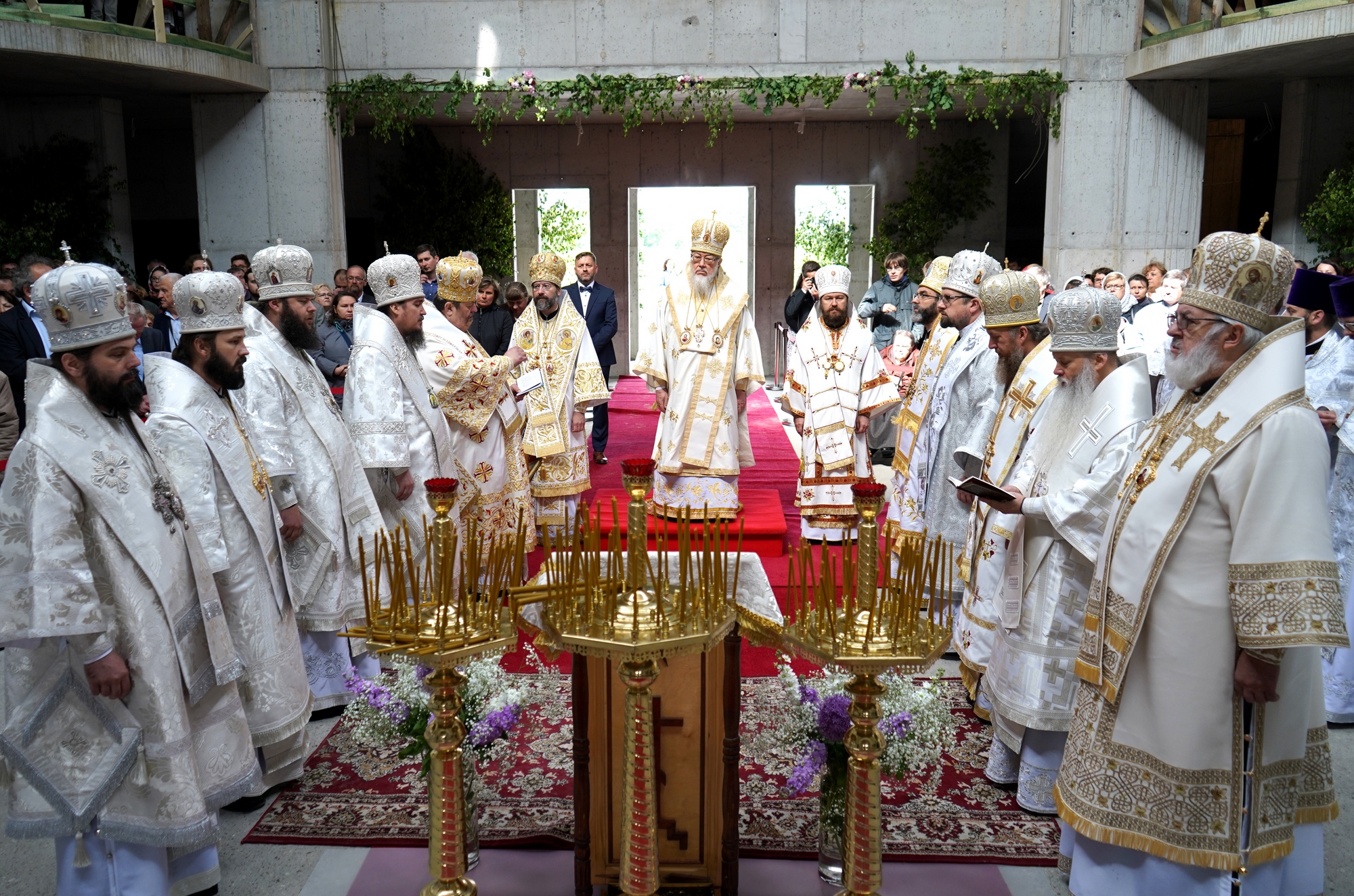 Blessing and elevation of main cross on the roof of Hagia Sophia Orthodox church in Warsaw