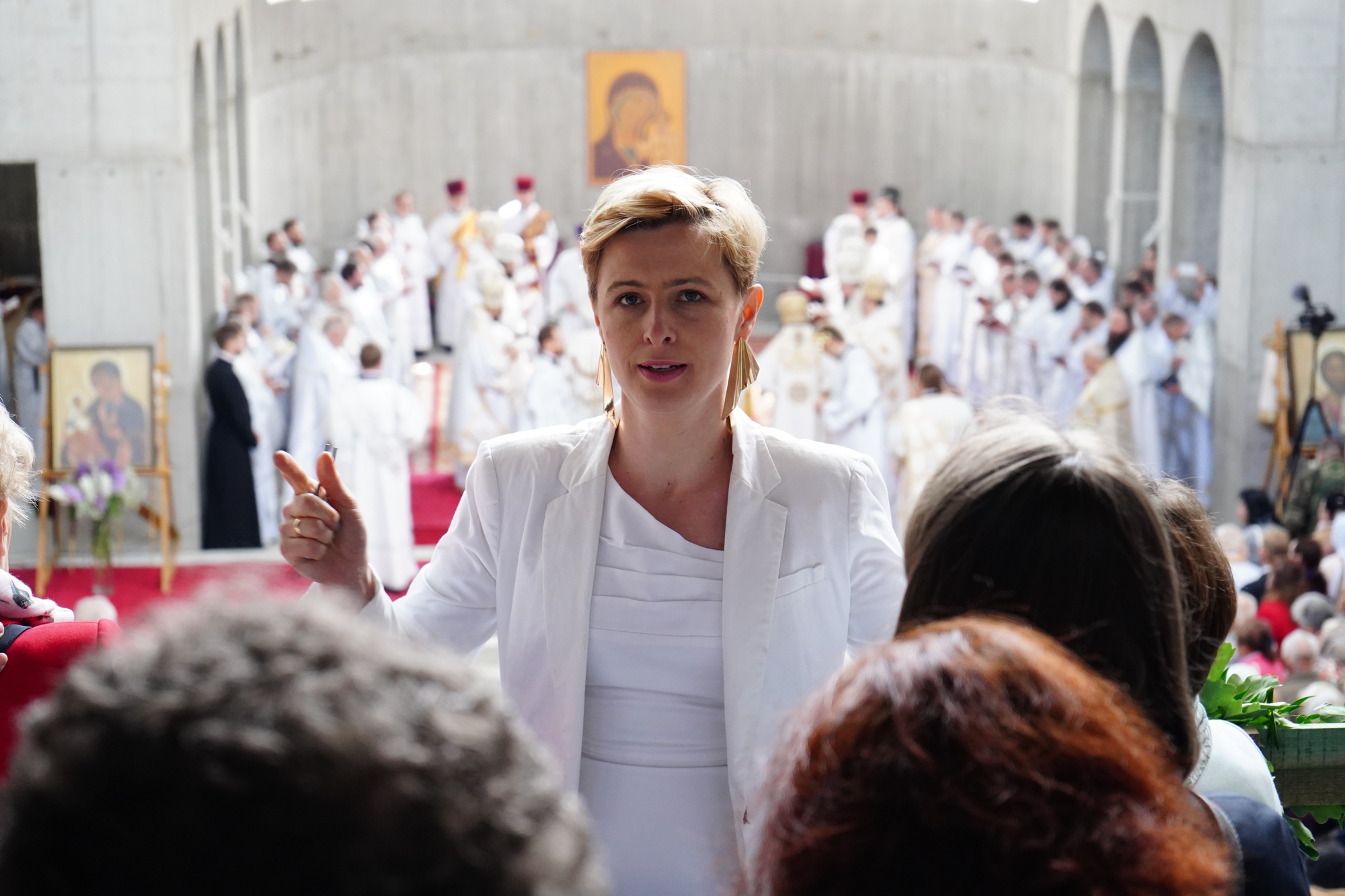 Blessing and elevation of main cross on the roof of Hagia Sophia Orthodox church in Warsaw