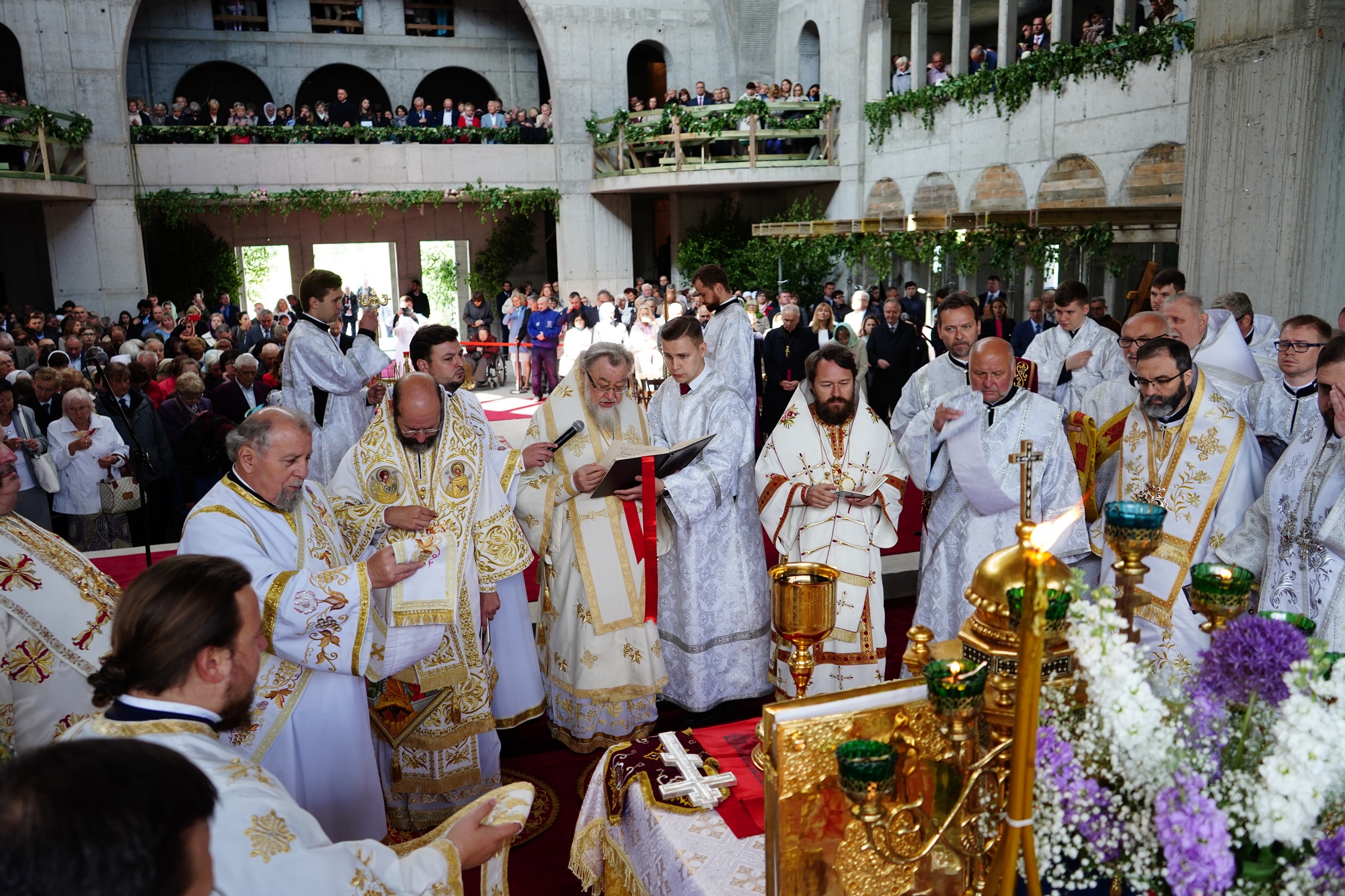 Blessing and elevation of main cross on the roof of Hagia Sophia Orthodox church in Warsaw