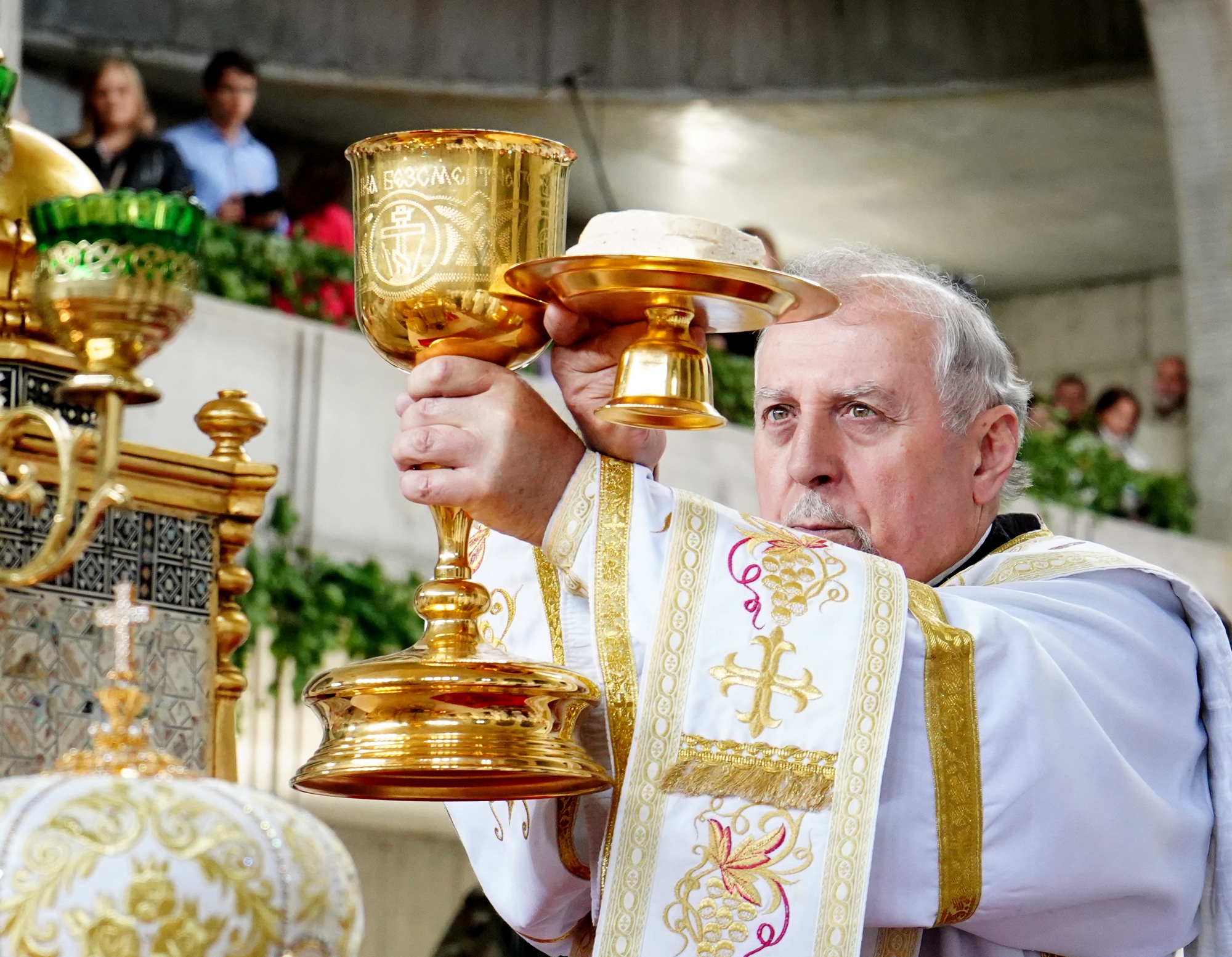 Blessing and elevation of main cross on the roof of Hagia Sophia Orthodox church in Warsaw