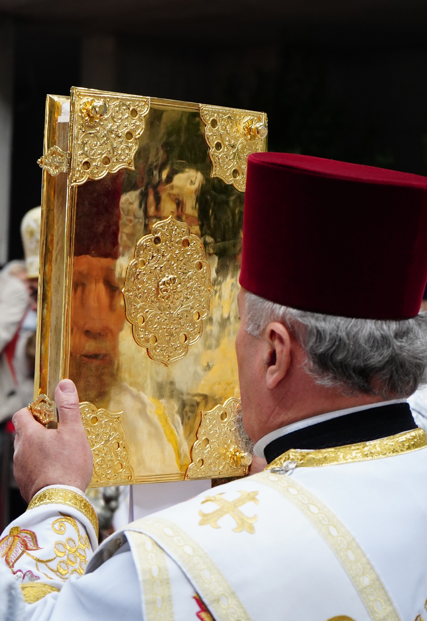 Blessing and elevation of main cross on the roof of Hagia Sophia Orthodox church in Warsaw