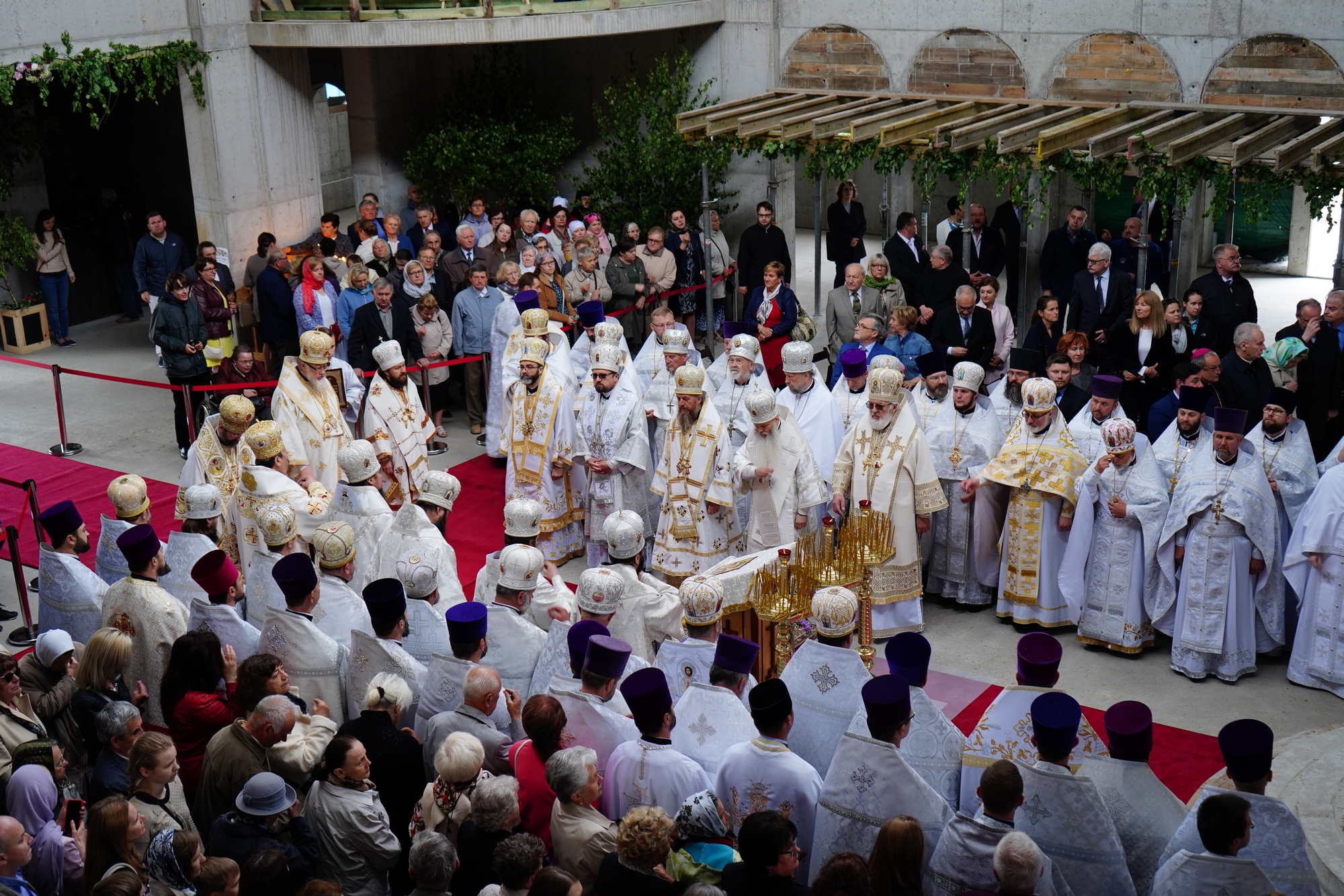 Blessing and elevation of main cross on the roof of Hagia Sophia Orthodox church in Warsaw