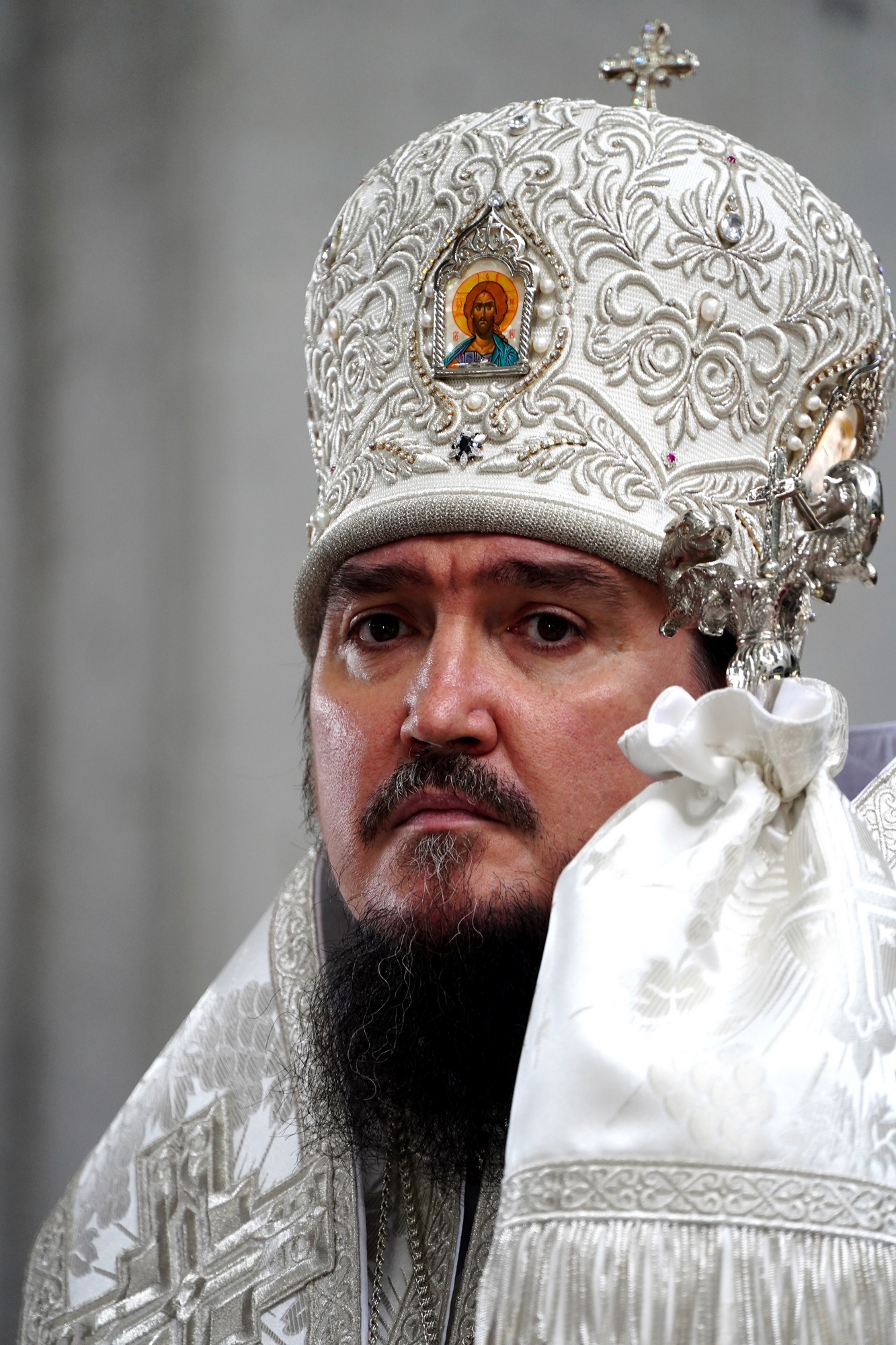 Blessing and elevation of main cross on the roof of Hagia Sophia Orthodox church in Warsaw