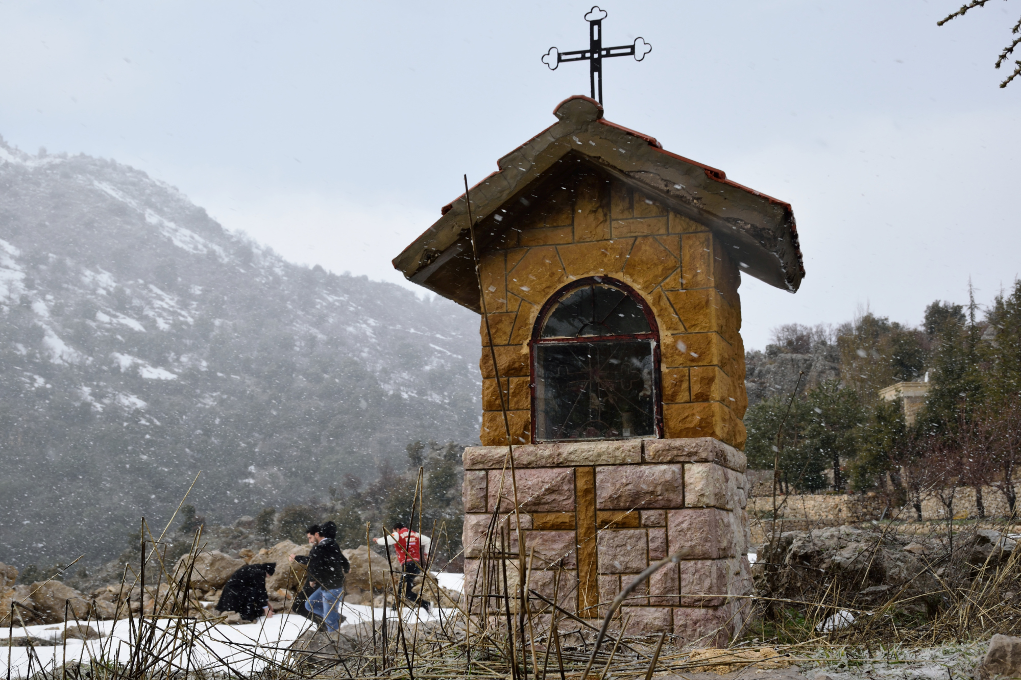 Chapel, Orthodox seminarians and snow