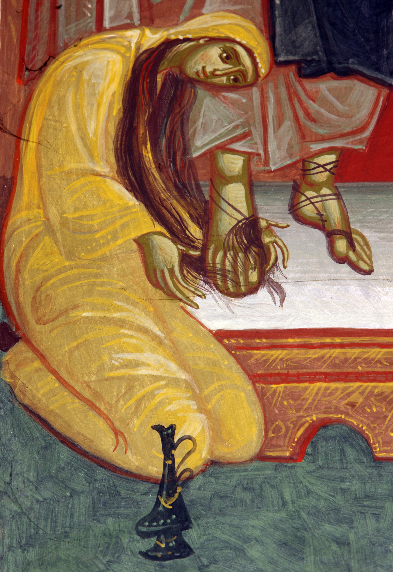 The sinner woman washes the feet of Jesus. Detail