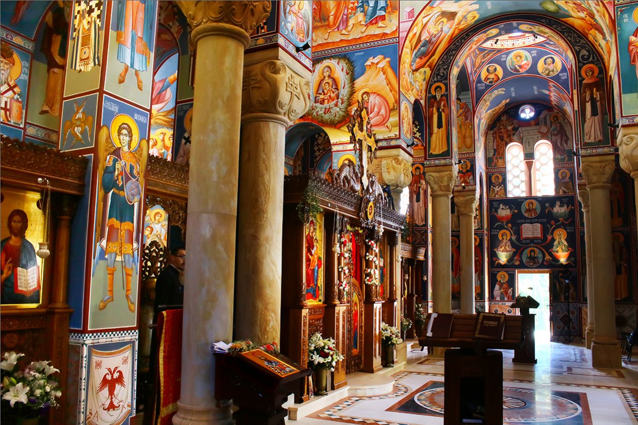 Interior of the three-altar church at the Serbian monastery Celije