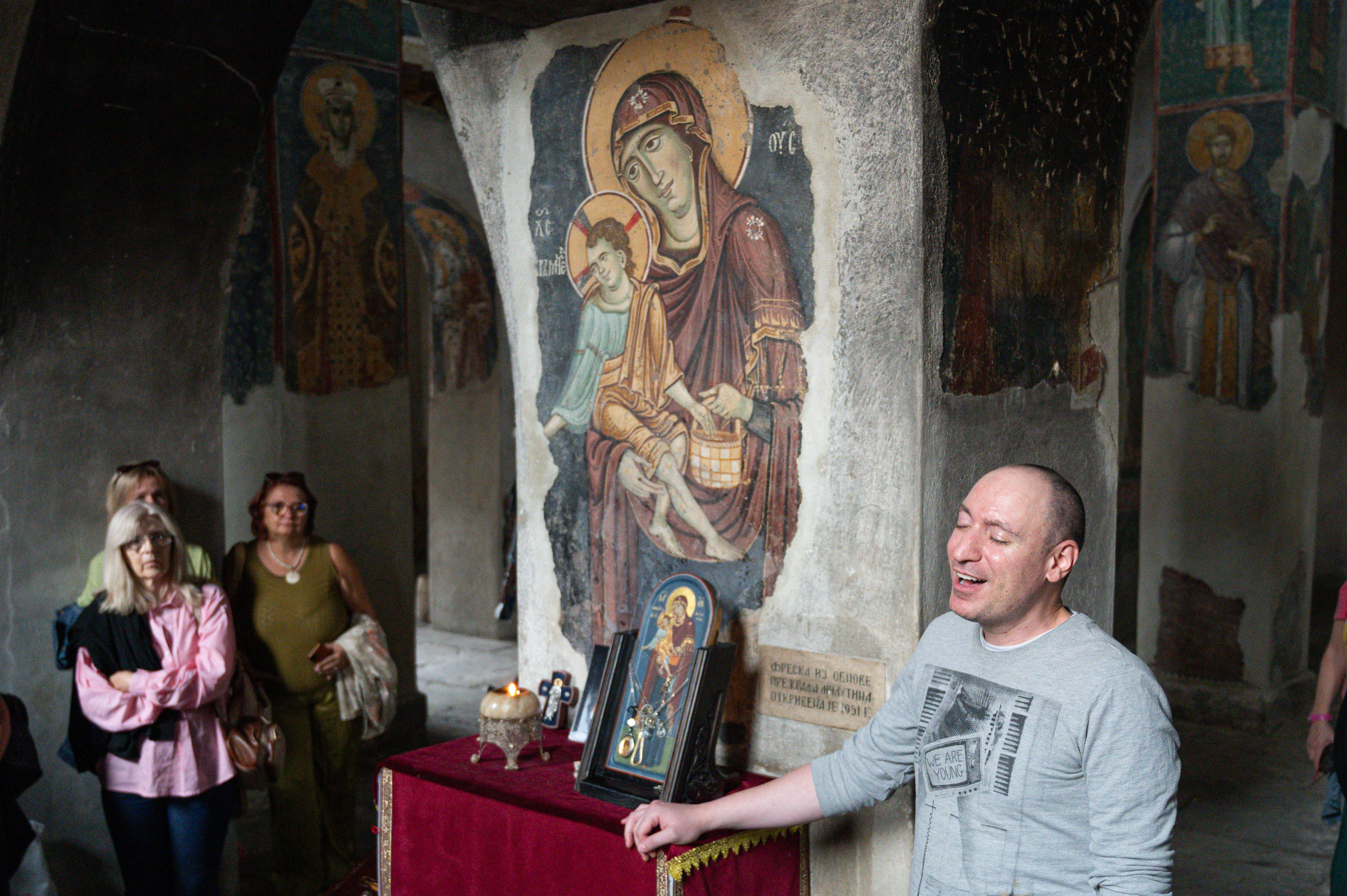 In front of the fresco "Theotokos Eleusa and Christ the Protector"in the Church of the Mother of God