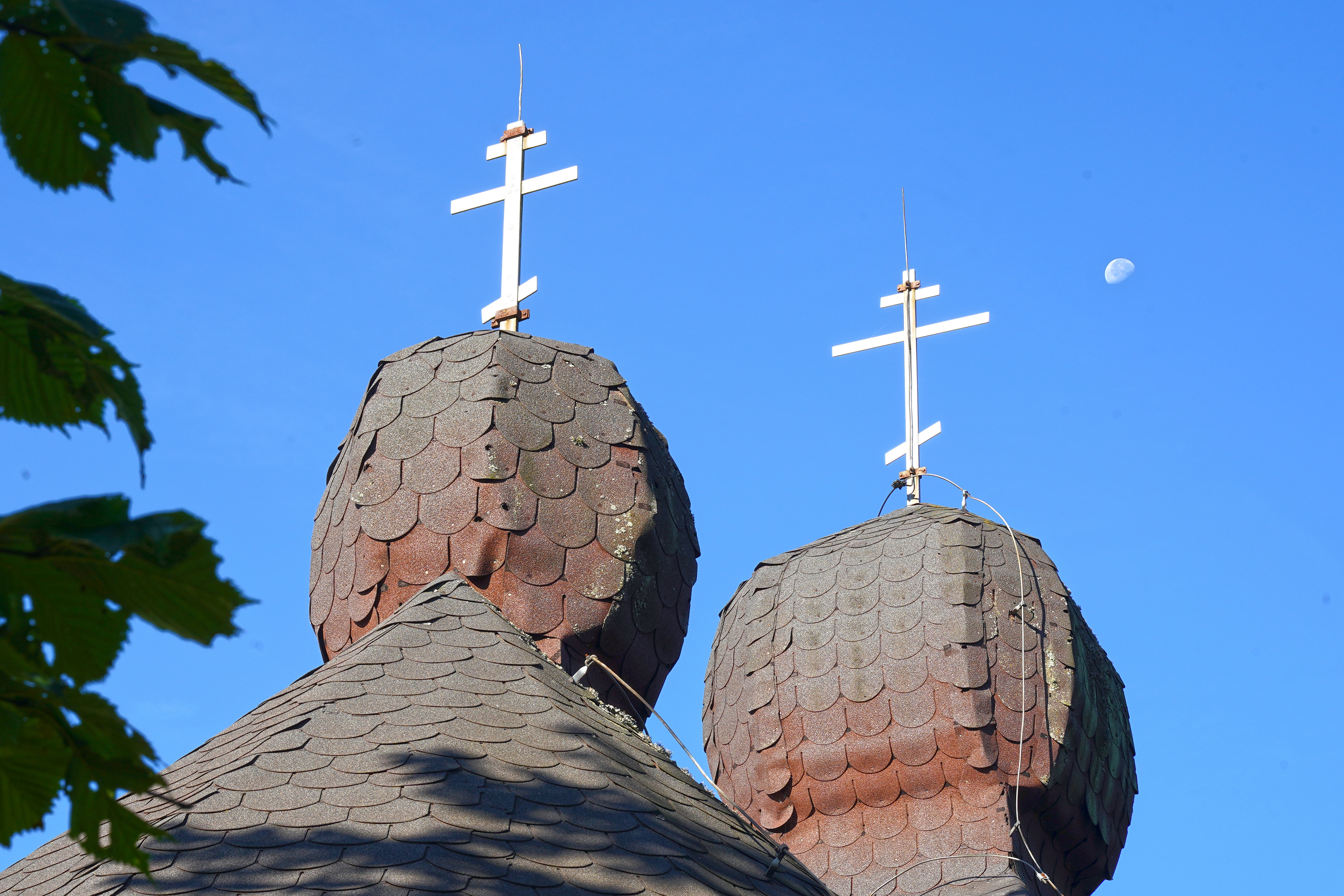 The domes of Nativity of the Mother of God Orthodox church in Parihuzovce village