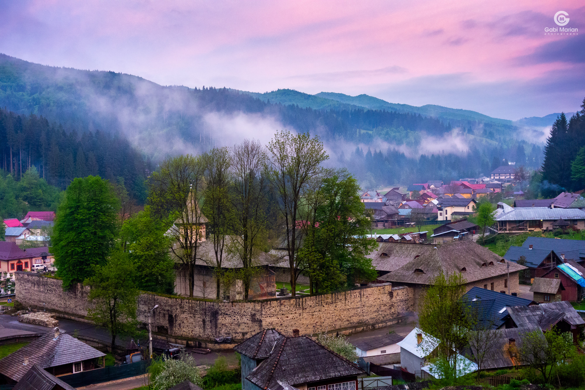 Voronet Monastery, on a foggy sunset