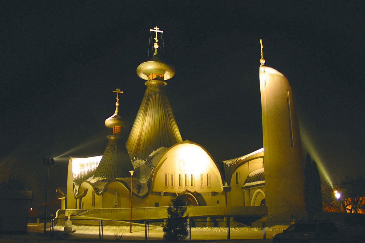 Holy Trinity Cathedral in Hajnowka by night