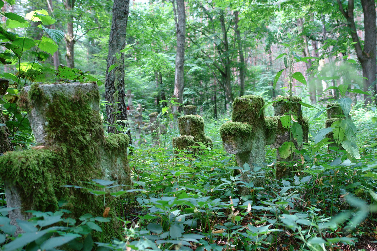 Krzyże na opuszczonym cmentarzu w Bruśnie Starym